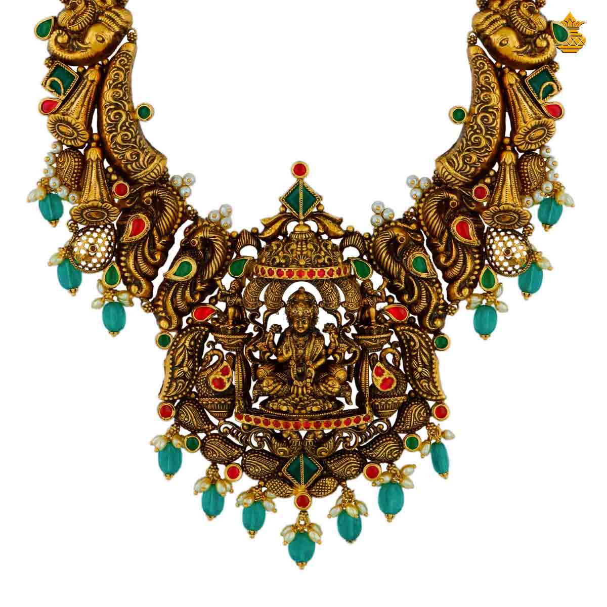 Buy Exclusive Antique Lakshmi Haram With Emerald Beads | KJS Jewellers